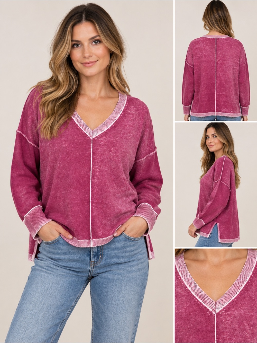 Sundance Cece Sweater 100% Cotton Mineral Wash V-Neck Pink Boho – Small